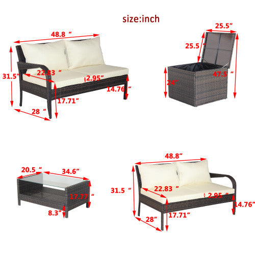 4 Piece Patio Sectional Wicker Rattan Outdoor Furniture Sofa Set With Storage Box Brown - Outdoor Chilling