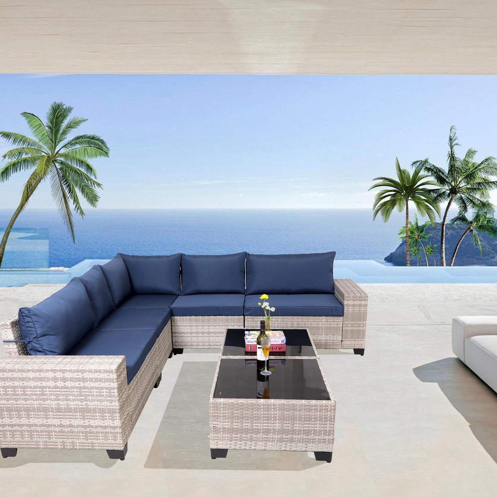 7-Piece Outdoor Patio Furniture Sets, All-Weather Wicker Rattan Sectional Sofa, Modern Two Glass Coffee Table And Washable Seat Cushion - Outdoor Chilling