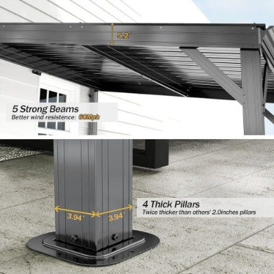 8x 8 Lean To Gazebo With Upgraded Drainage System, Wall Mounted Gazebo Hardtop Galvanized Steel Sloping Roof For Patio Deck Lawn Party Gray - Outdoor Chilling