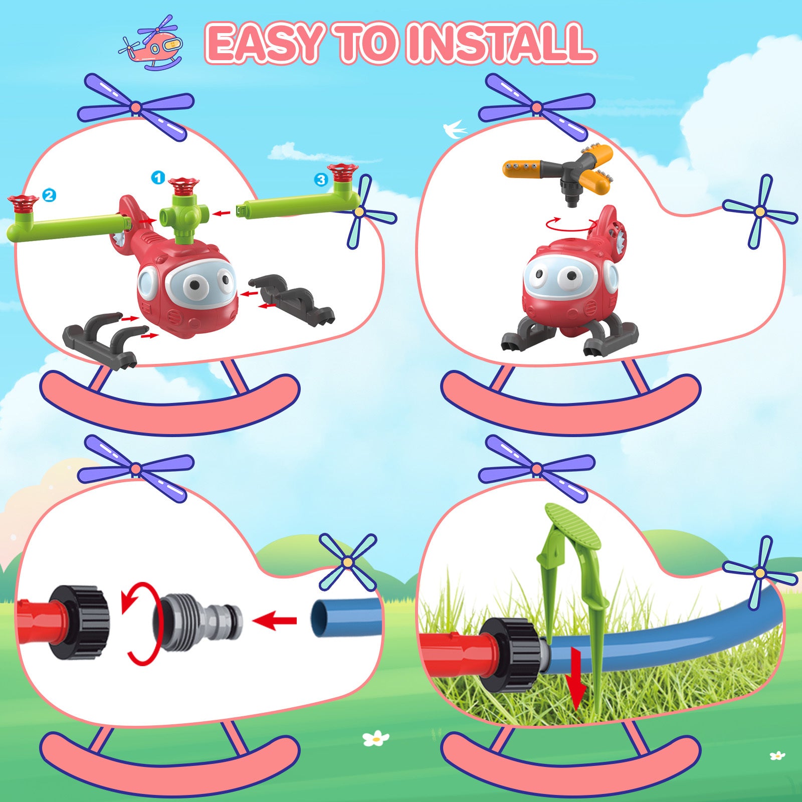 4 In 1 Water Sprinklers T Ball Set For Kids And Toddlers, Baseball Sprinkler For Backyard Helicopter Toy Outdoor Game, Attaches To Garden Hose Summer Yard Pool Water Toy - Outdoor Chilling