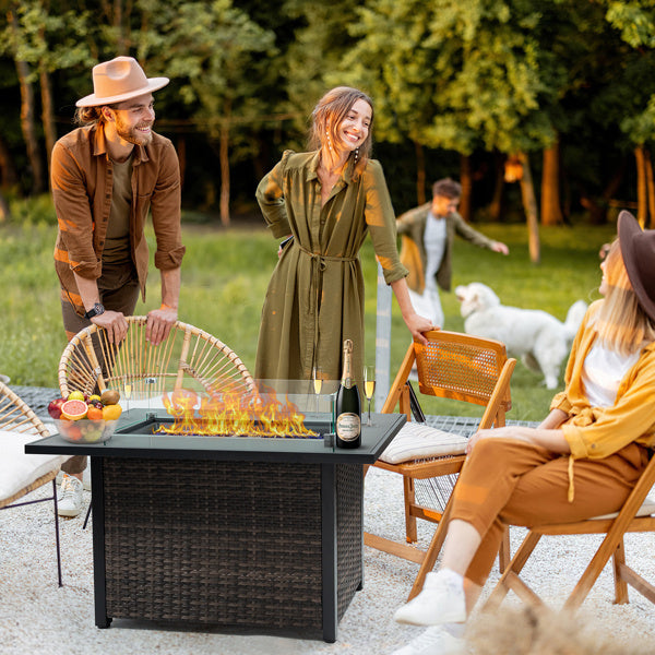 Outdoor Fire Pit 50000 BTU Propane Gas Fire Table With Lid Fireplace With Glass Windproof Willow Base Suitable For Gardens, Terraces, Backyards, 44 Inches - Outdoor Chilling