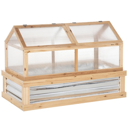 Outsunny Raised Garden Bed With Polycarbonate Greenhouse, Wooden Garden Cold Frame Greenhouse, Flower Planter Protection, 48 X 24 X 32, Natural - Outdoor Chilling