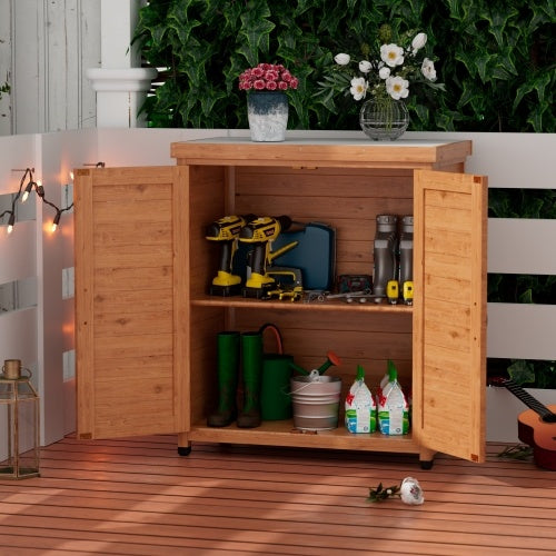 Potted Stool With Locker And Metal Tabletop For Outdoor Patio, Outdoor Workstation Table - Outdoor Chilling