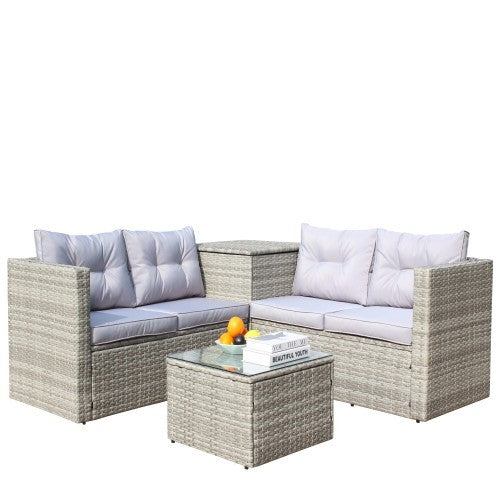 4 Piece Patio Sectional Wicker Rattan Outdoor Furniture Sofa Set With Storage Box Grey - Outdoor Chilling