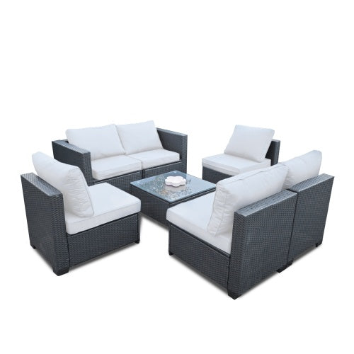 Seven-Piece Sofa Set Table With Sofa Chair Black PE Rattan Outdoor Furniture 7-JH002 Box 3-1-2-3 With Beige Color Cushion - Outdoor Chilling