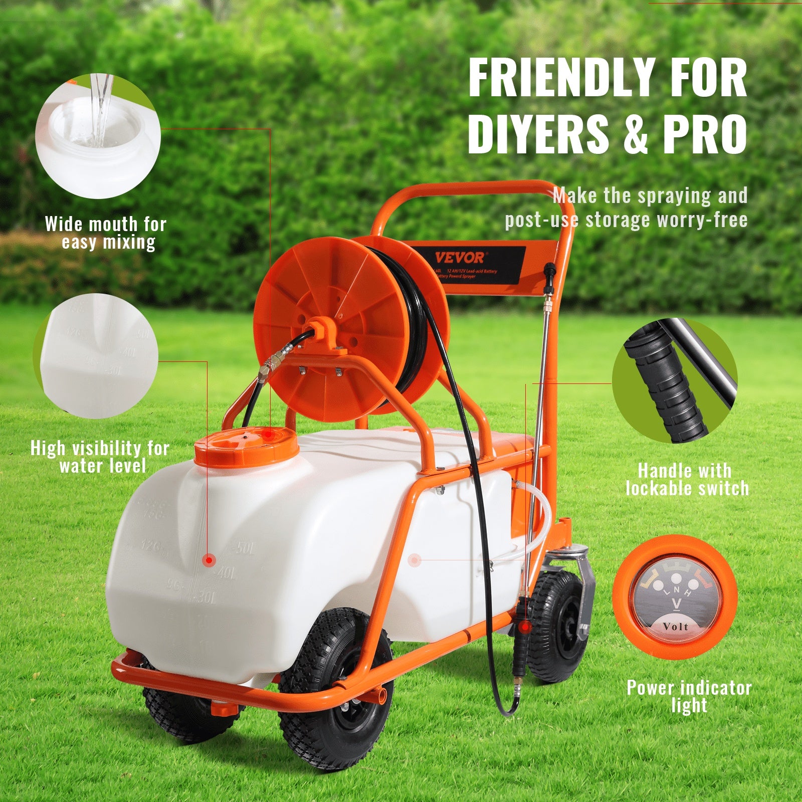 VEVOR Battery Powered Lawn Sprayer On Wheel, 0-90 PSI Adjustable Pressure, 15 Gallon Tank, Cart Sprayer With 8 Nozzles And 2 Wands, 12V 12Ah Battery, Wide Mouth Lid For Weeding, Spraying - Outdoor Chilling