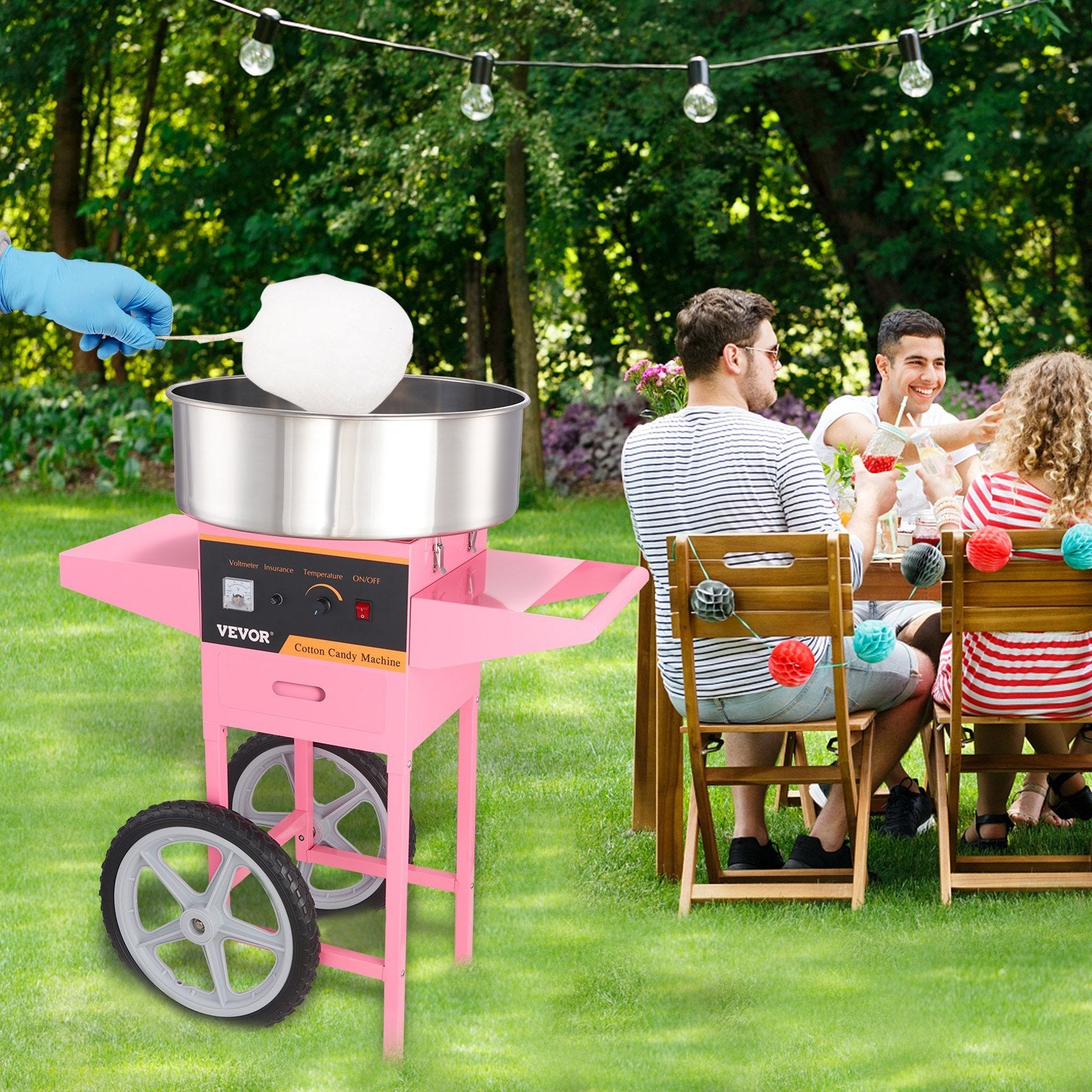VEVOR Electric Cotton Candy Machine With Cart, 1000W Commercial Floss Maker With Stainless Steel Bowl, Sugar Scoop And Drawer, Perfect For Home, Kids Birthday, Family Party, Pink - Outdoor Chilling