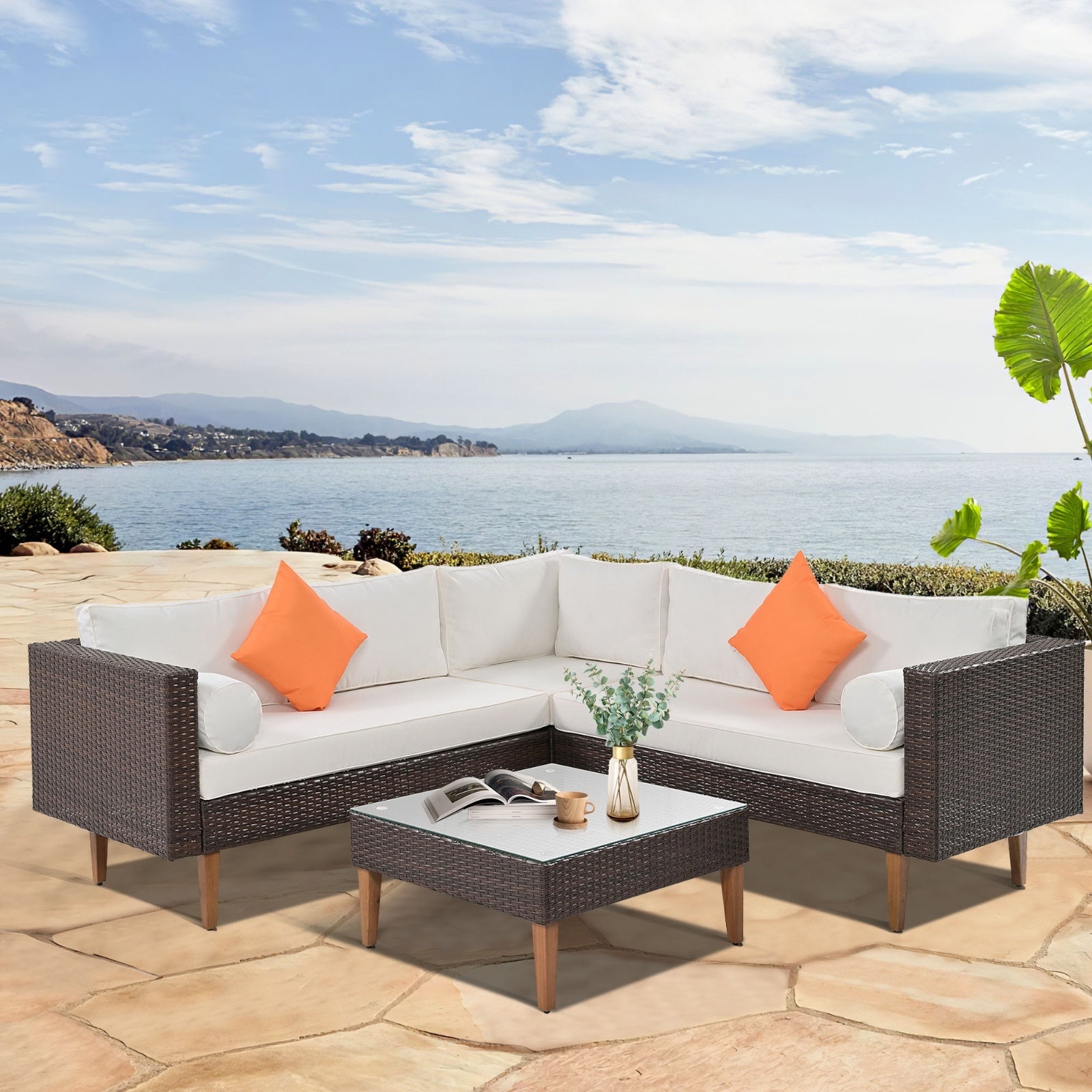 4-Piece Outdoor Wicker Sofa Set, L-Shape Patio Furniture With Colorful Pillows - Outdoor Chilling