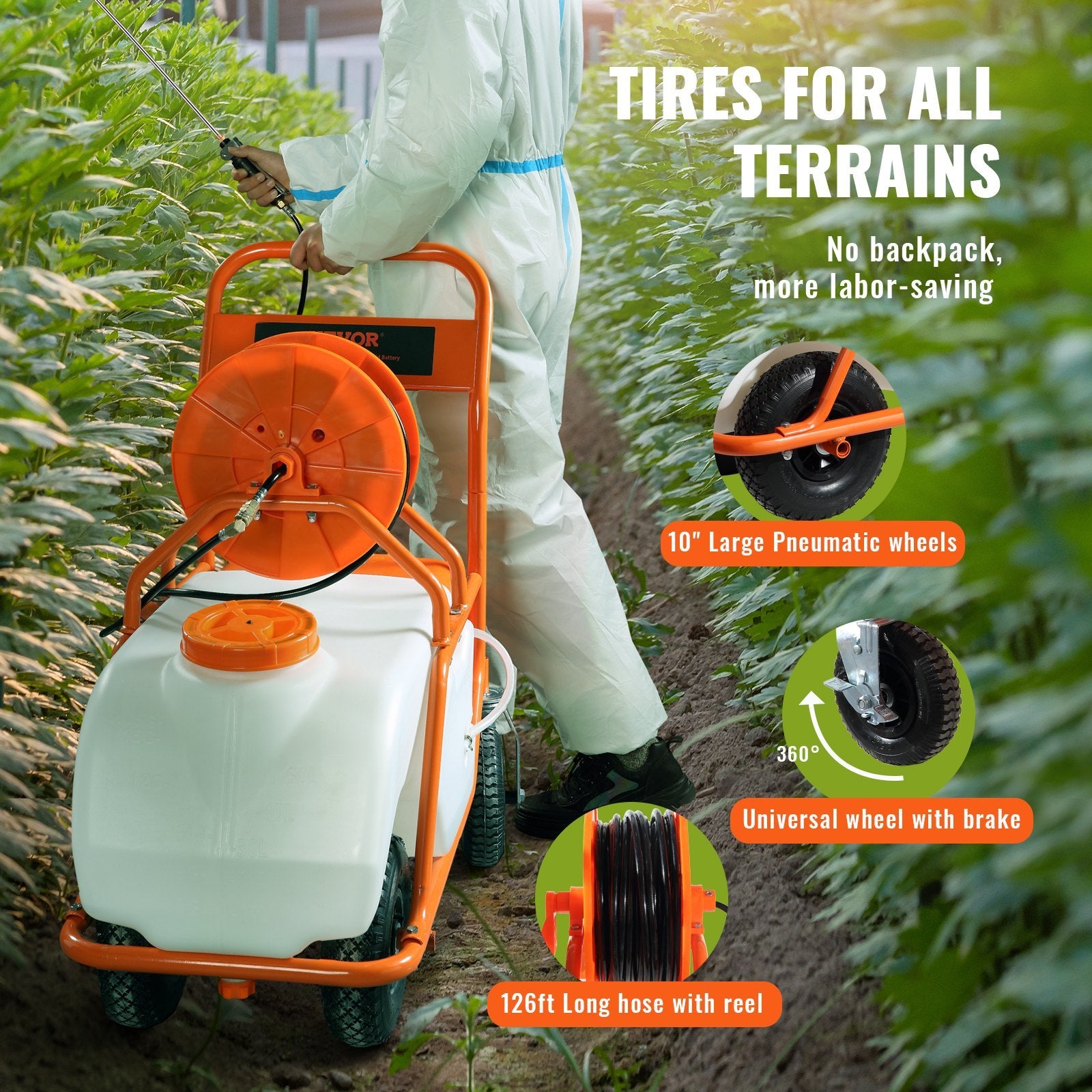 VEVOR Battery Powered Lawn Sprayer On Wheel, 0-90 PSI Adjustable Pressure, 15 Gallon Tank, Cart Sprayer With 8 Nozzles And 2 Wands, 12V 12Ah Battery, Wide Mouth Lid For Weeding, Spraying - Outdoor Chilling
