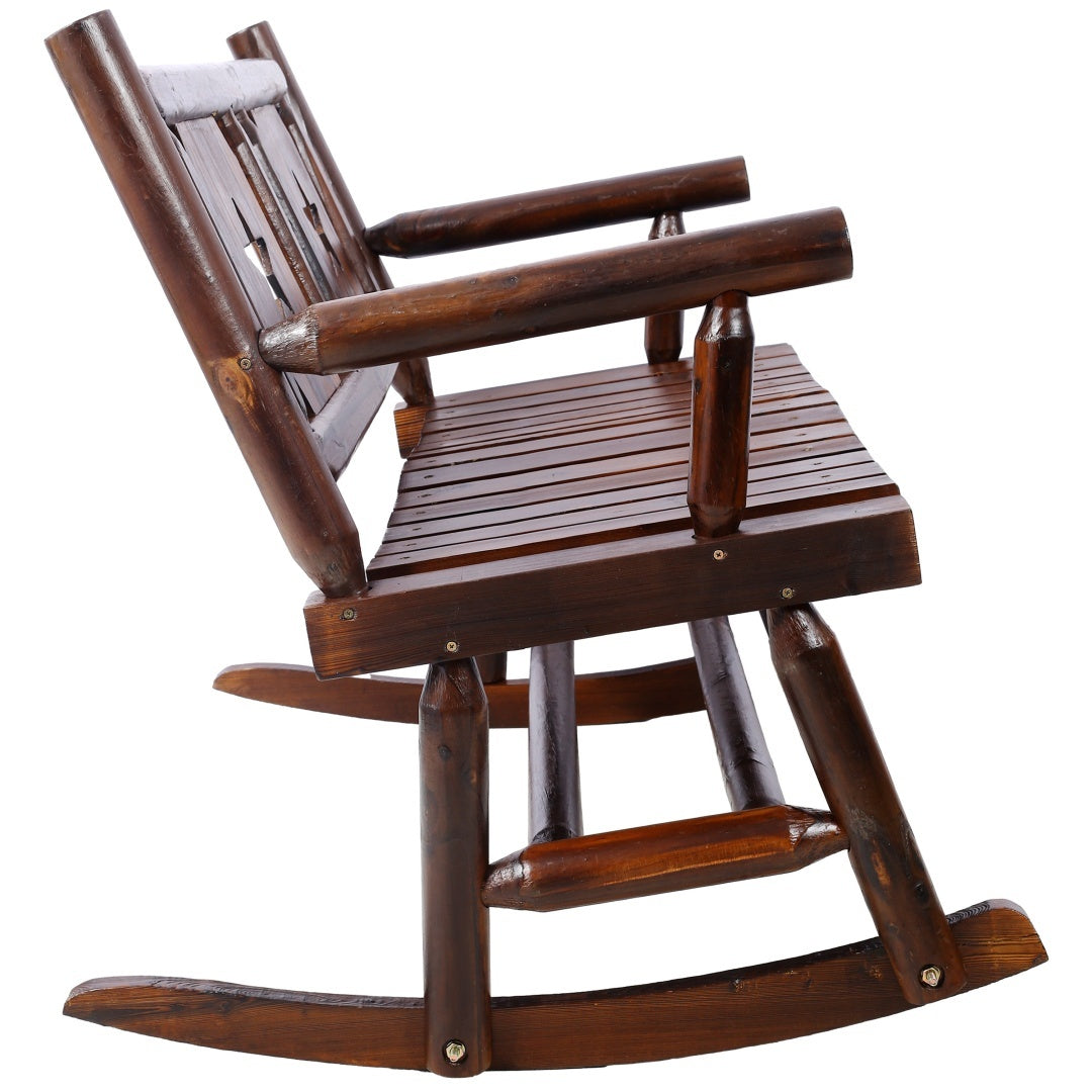 Outdoor Solid Wood Rocking Chair Bench Carbonized Double Rocking Chair For 2 People With Wide Curved Seat For Porch, Garden, Backyard, Rustic Brown - Outdoor Chilling