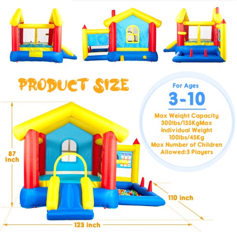 8 In 1 Inflatable Bounce House With Blower Basketball Hoop Ocean Balls Ring-toss Game Target And Sticky Ball Game For Kids - Outdoor Chilling