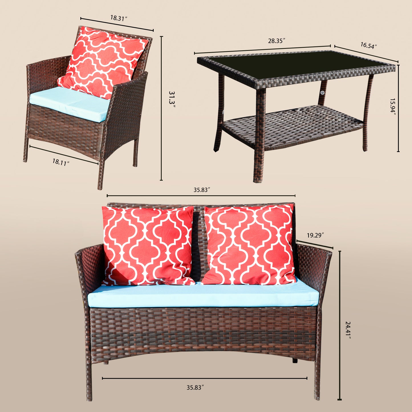 New Design High Quality Four-Piece Sofa Set Table With Sofa Chair PE Rattan Outdoor Furniture W3152P269438 Box 1 With Emerald Green Color Cushion
