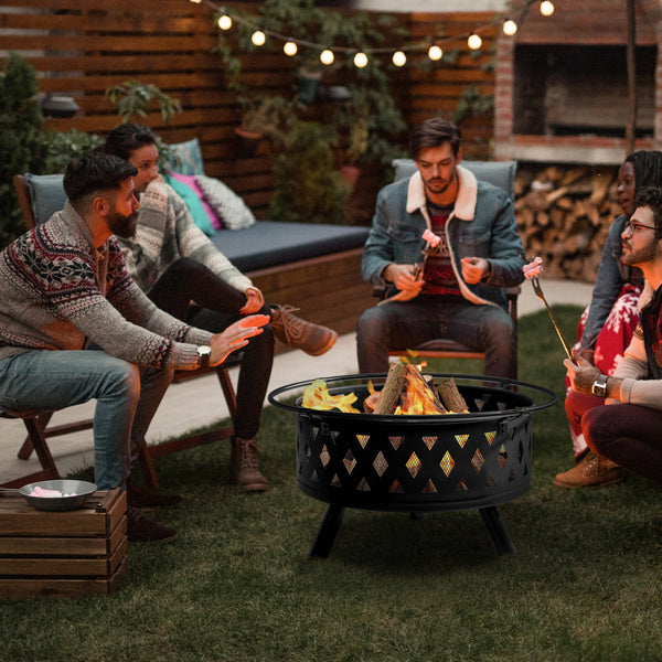 32in Round Shape With Lifting Ring, Mesh Lid, Diamond Holes, Wood-burning Brazier, Wrought Iron, Black - Outdoor Chilling