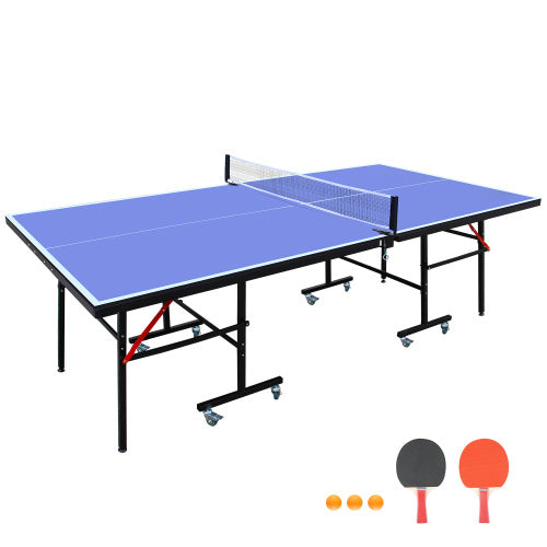 8ft Mid-Size Table Tennis Table Foldable & Portable Ping Pong Table Set For Indoor Games With Net, 2 Table Tennis Paddles And 3 Balls - Outdoor Chilling