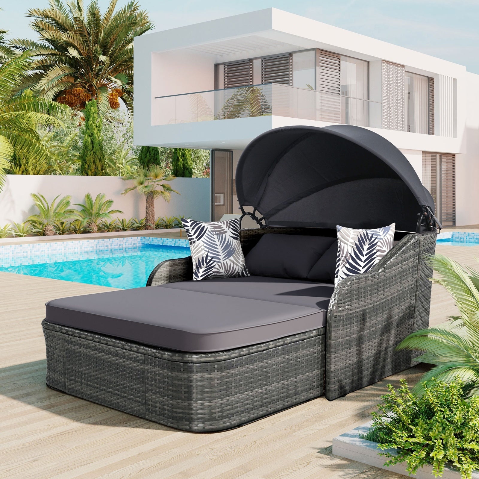 79.9 Outdoor Sunbed With Adjustable Canopy, Double Lounge, PE Rattan, Gray - Outdoor Chilling