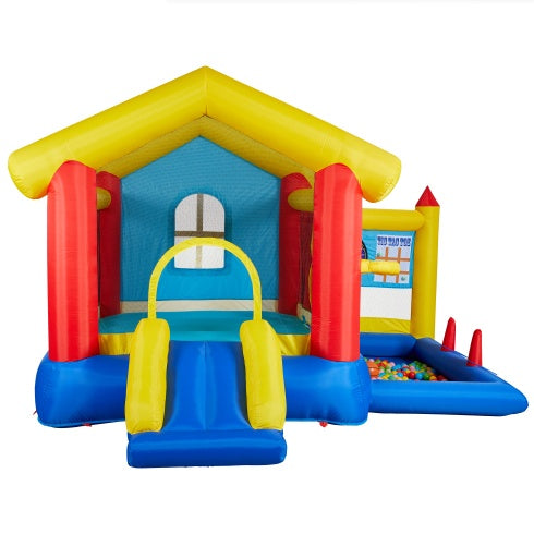 8 In 1 Inflatable Bounce House With Blower Basketball Hoop Ocean Balls Ring-toss Game Target And Sticky Ball Game For Kids - Outdoor Chilling