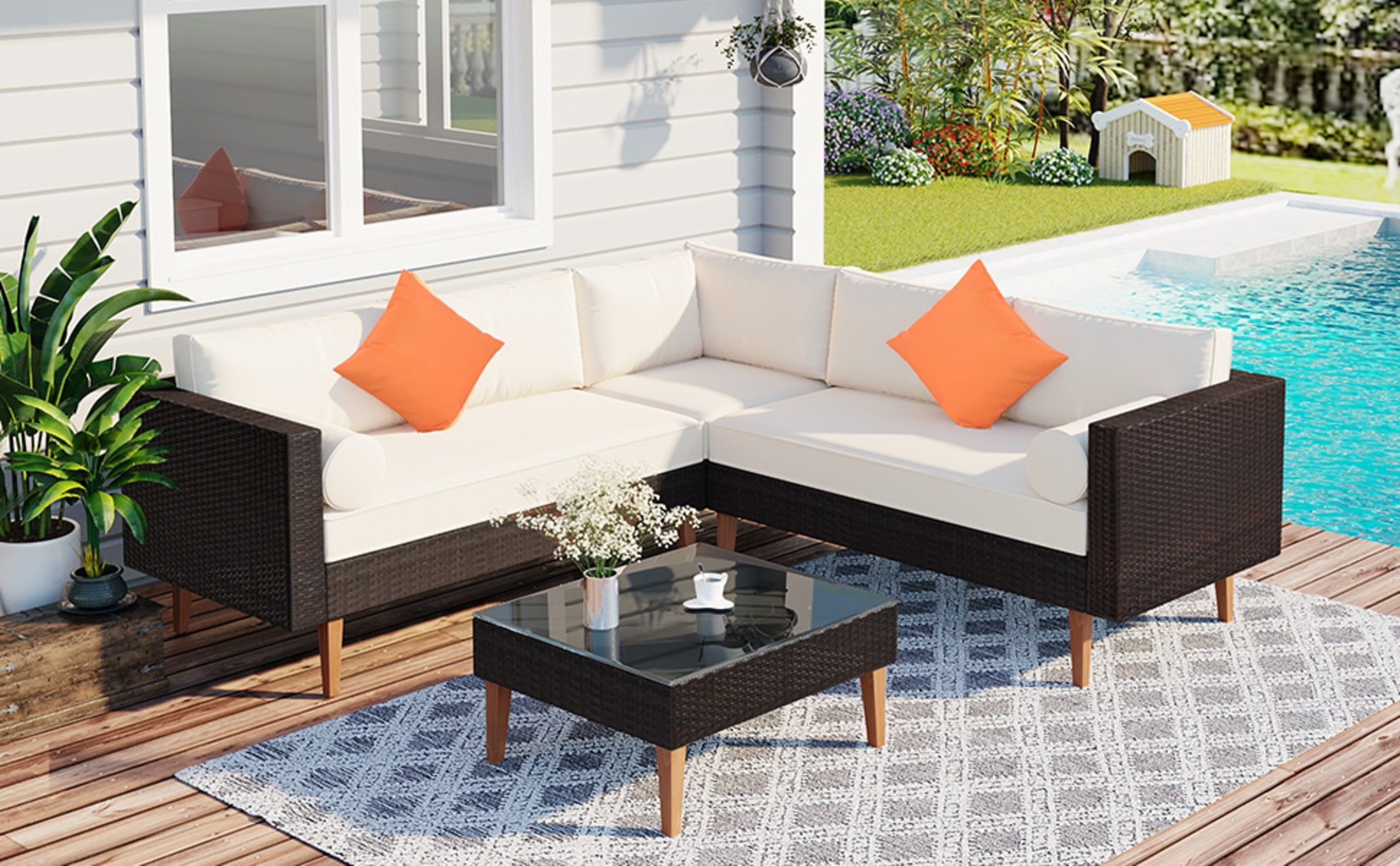 4-Piece Outdoor Wicker Sofa Set, L-Shape Patio Furniture With Colorful Pillows - Outdoor Chilling