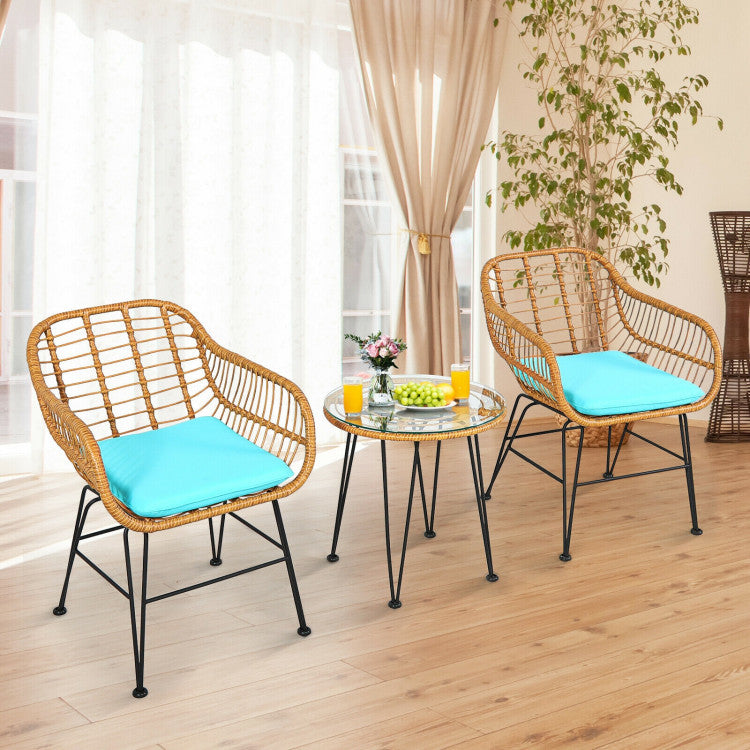 3 Pieces Rattan Furniture Set With Cushioned Chair Table - Outdoor Chilling