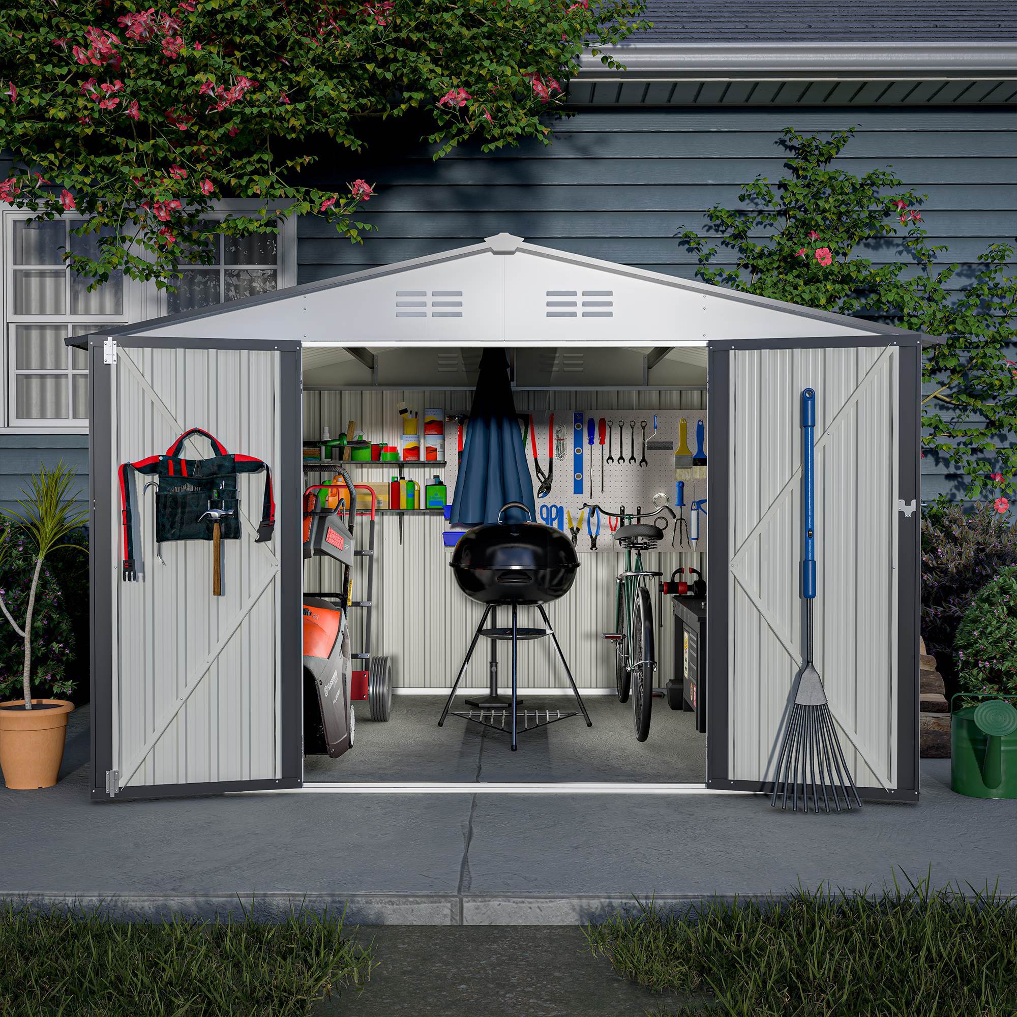 10X8 FT Outdoor Storage Shed, All Weather Metal Sheds With Lockable Doors, Tool Shed For Garden, Patio, Backyard, Lawn, White