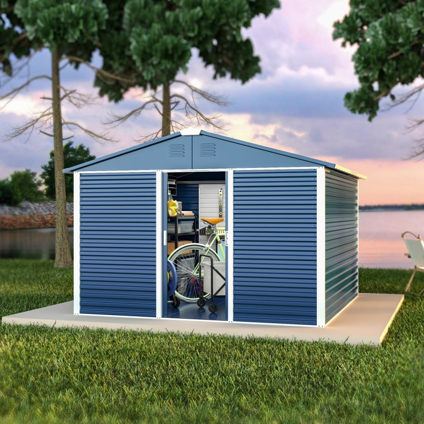 Large-sized Outdoor Metal Shed 10 Ft. W X 10 Ft. D With Sliding Door Sq. Ft. For Garden Patio Lawn, Blue - Outdoor Chilling