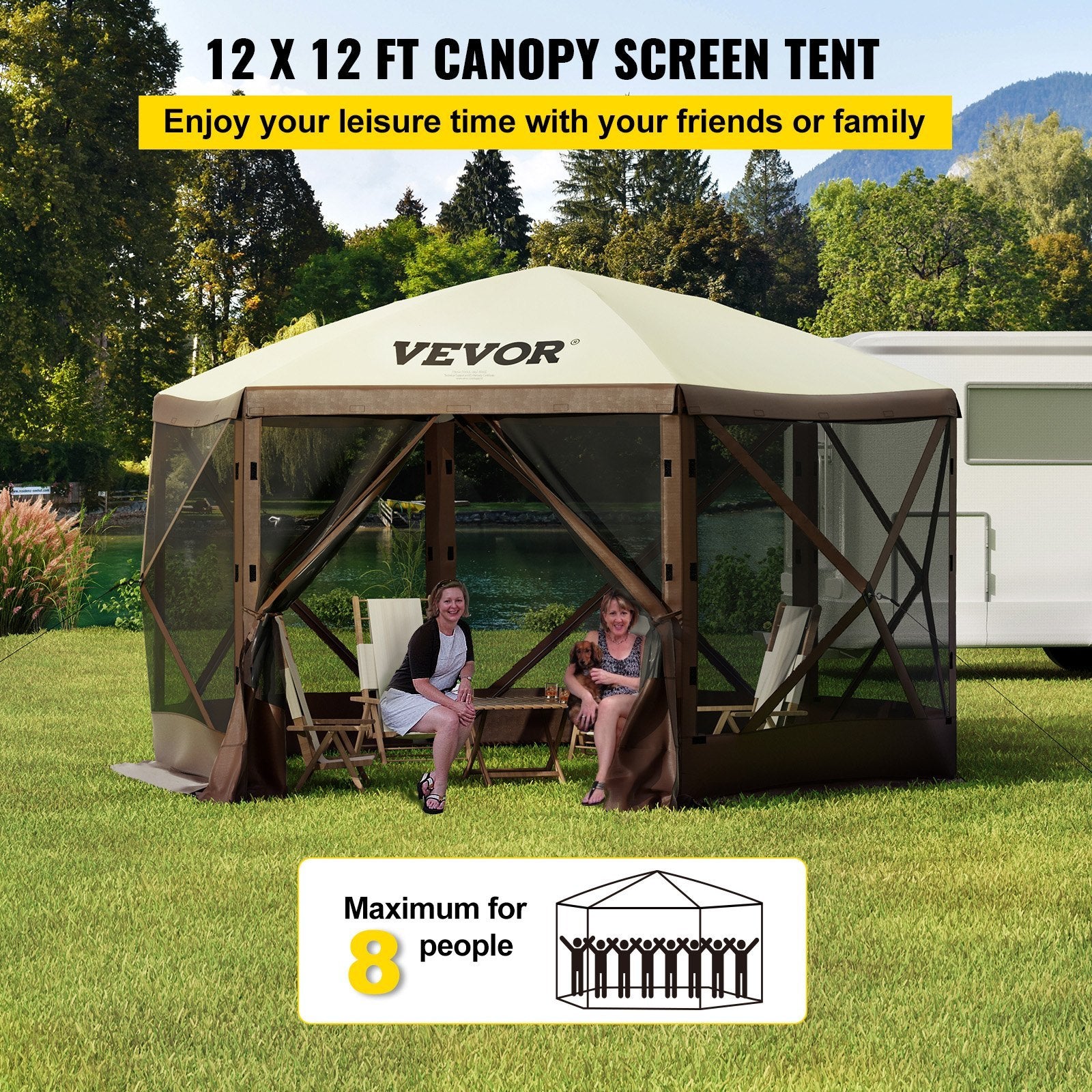 VEVOR Camping Gazebo Screen Tent, 6 Sided Pop Up Canopy Shelter Tent With Mesh Windows, Portable Carry Bag, Stakes, Large Shade Tents For Outdoor Camping, Lawn And Backyard, Brown Beige - Outdoor Chilling