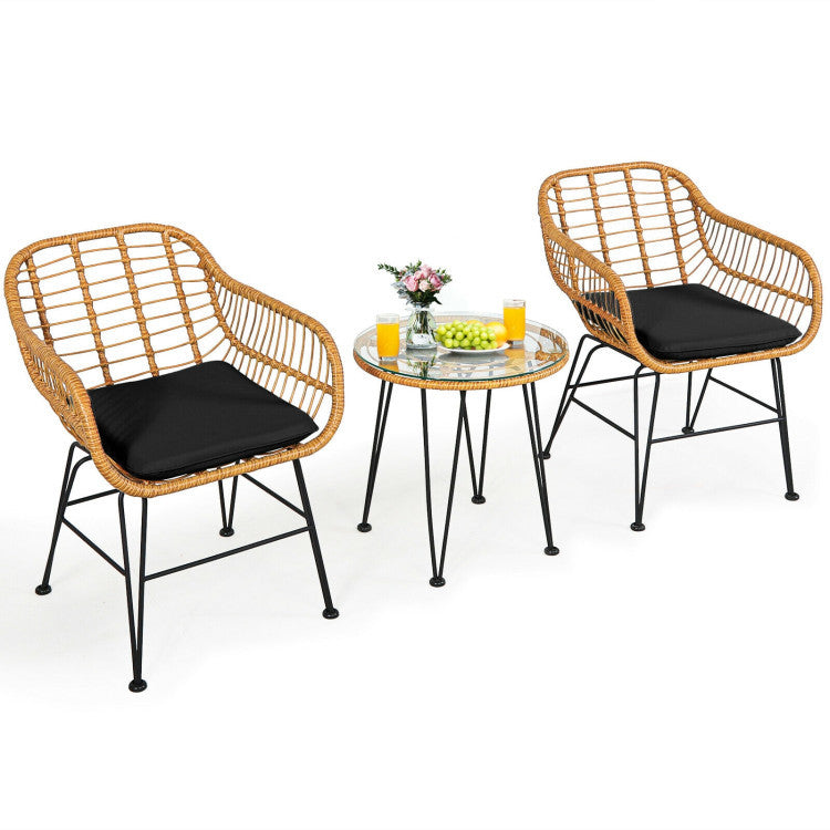 3 Pieces Rattan Furniture Set With Cushioned Chair Table - Outdoor Chilling