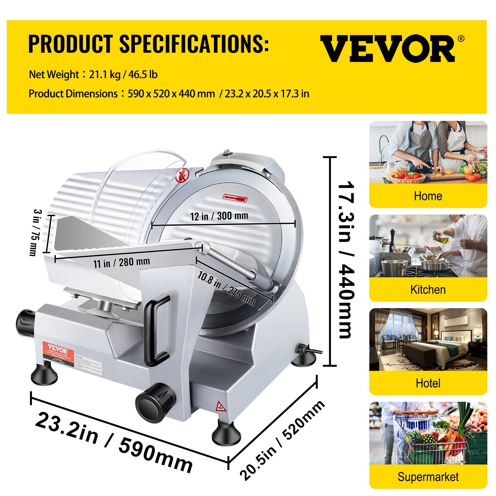 VEVOR Commercial Meat Slicer, 320W Electric Deli Food Slicer, 12 Inch Carbon Steel Blade Electric Food Slicer, 350-400RPM Meat Slicer, 0-0.6 Inch Adjustable Thickness For Meat, Cheese, Veggies, Ham - Outdoor Chilling