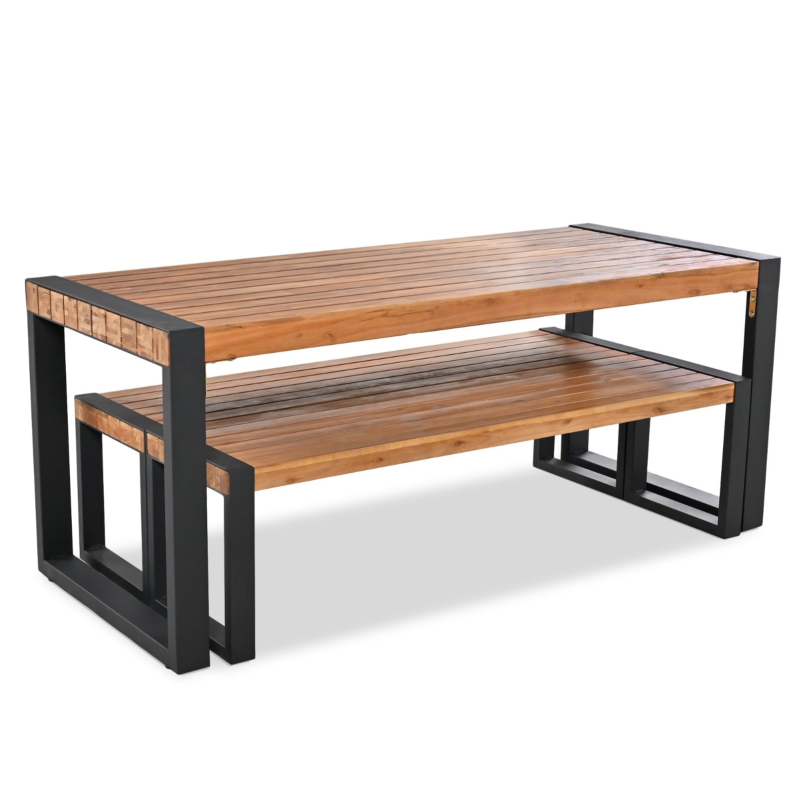GO 3-pieces Outdoor Dining Table With 2 Benches, Patio Dining Set With Unique Top Texture, Acacia Wo - Outdoor Chilling