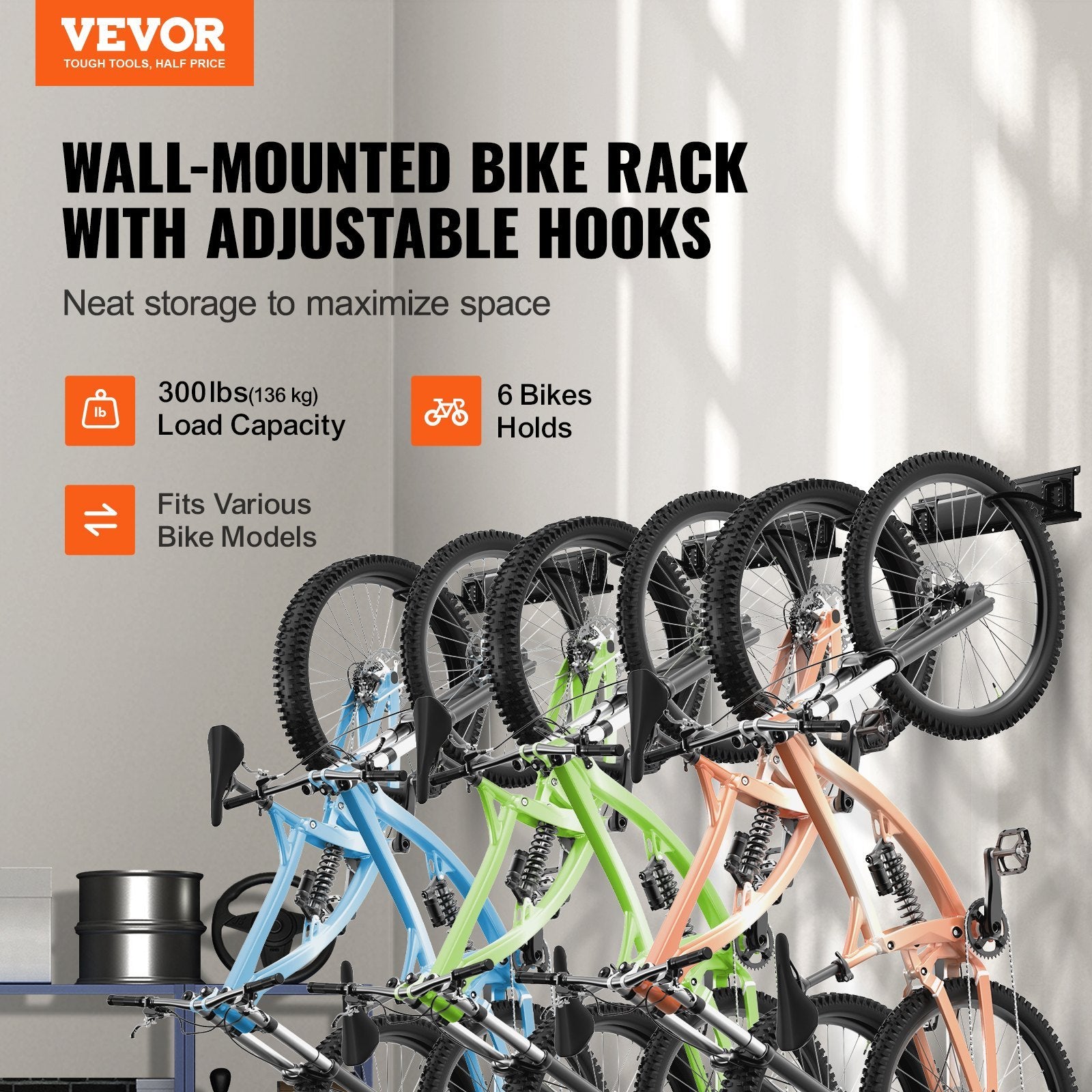 VEVOR Bike Storage Rack, 6 Bike Racks And 3 Helmets Hooks, Wall Mount Bike Storage Hanger, Home & Garage Organizer, Customizable For Various Bike Sizes, Adjustable Holder, Holds Up To 300 Lbs, 48-inch - Outdoor Chilling