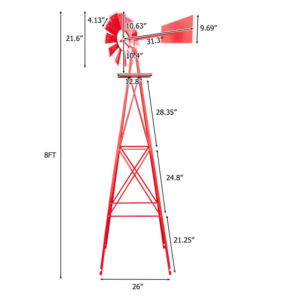 8FT Weather Resistant Yard Garden Windmill Red - Outdoor Chilling