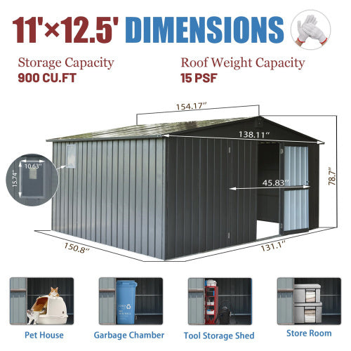Storage Shed 11 X 12.5 With Galvanized Steel Frame Windows, Outdoor Garden Shed Metal Utility Tool Storage Room With Lockable Door For Patio Dark Gray
