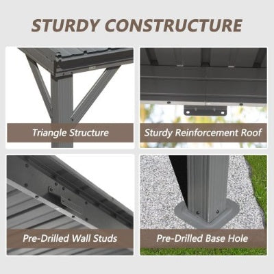 8x10 Lean To Gazebo With Upgraded Drainage System, Wall Mounted Gazebo Hardtop Galvanized Steel Sloping Roof For Patio Deck Lawn Party Gray - Outdoor Chilling