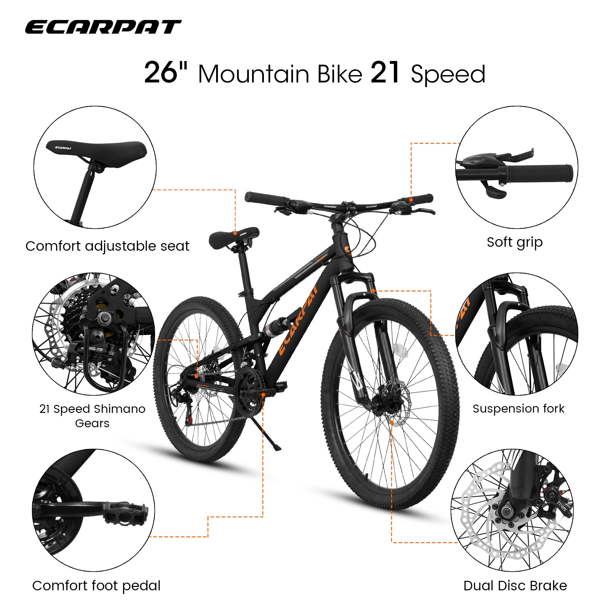 A26207 26 Inch Steel Frame Shock Fork Plus Shock Absorber 21-speed Unisex Mountain Bike - Outdoor Chilling