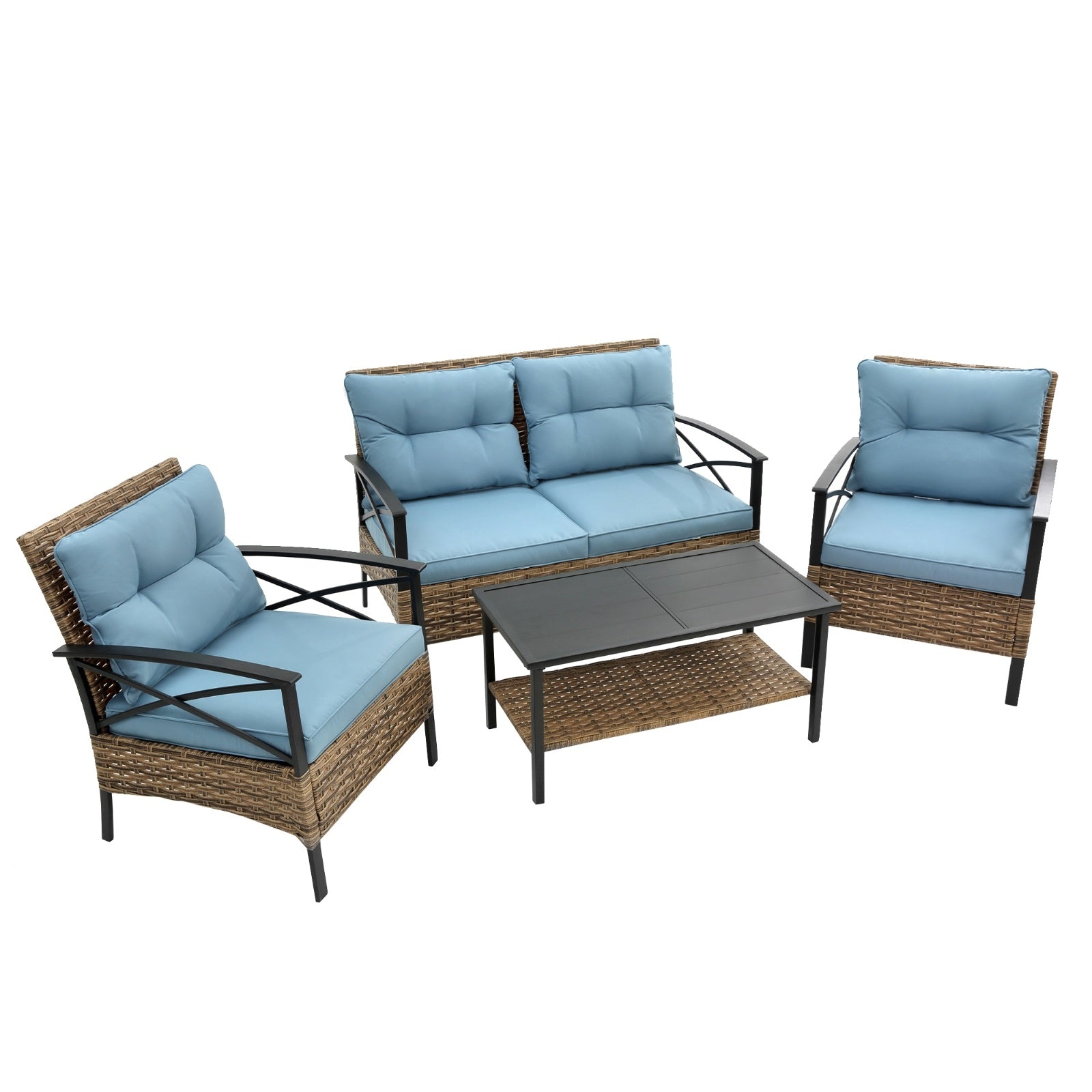 4-Piece Patio Sectional Low Dining Sofa Set - KD Rattan Wicker Outdoor Furniture - Outdoor Chilling