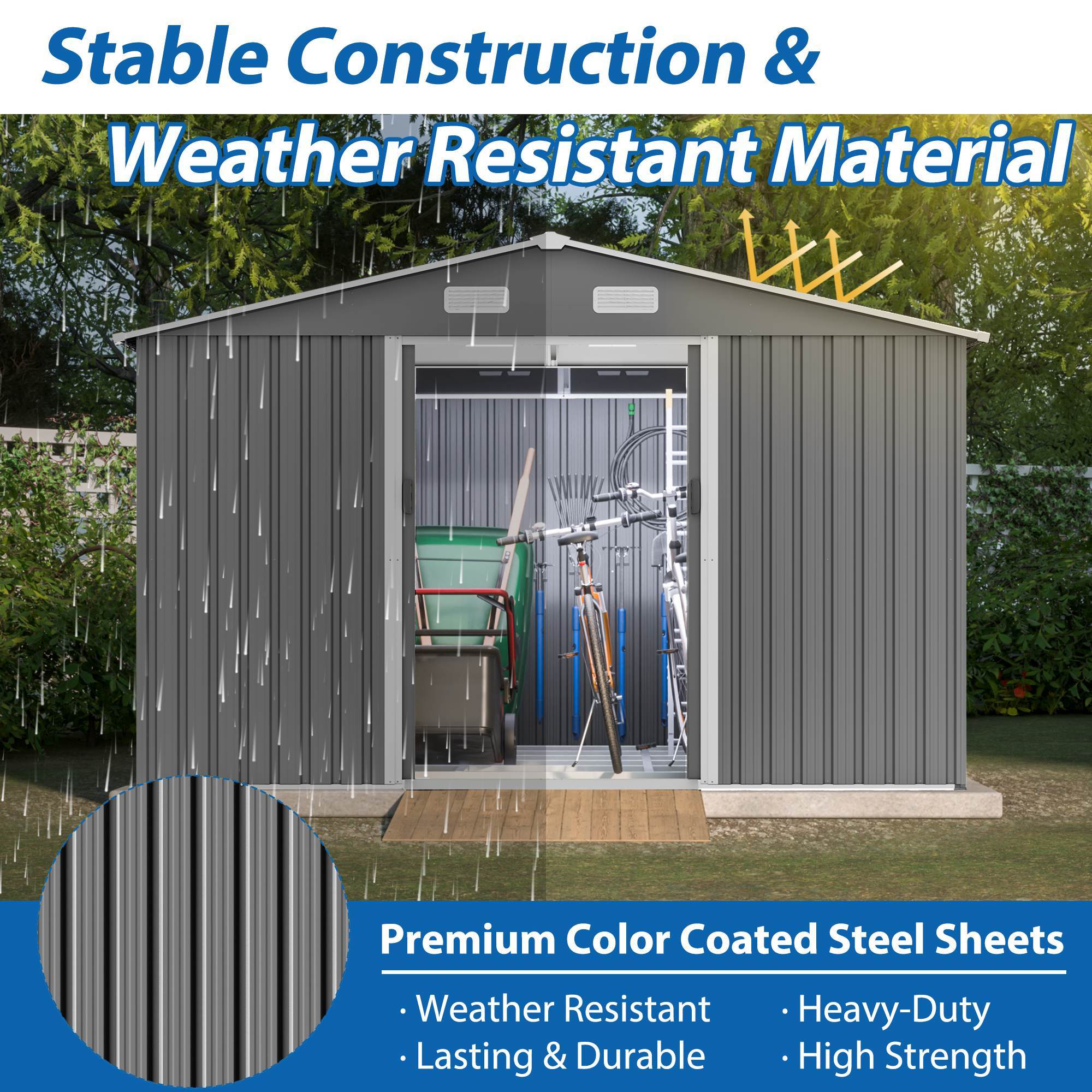 10X8 FT Outdoor Tool Storage Shed With Metal Foundation & Lockable Doors, All Weather Metal Sheds For Garden, Patio, Backyard, Lawn, Gray