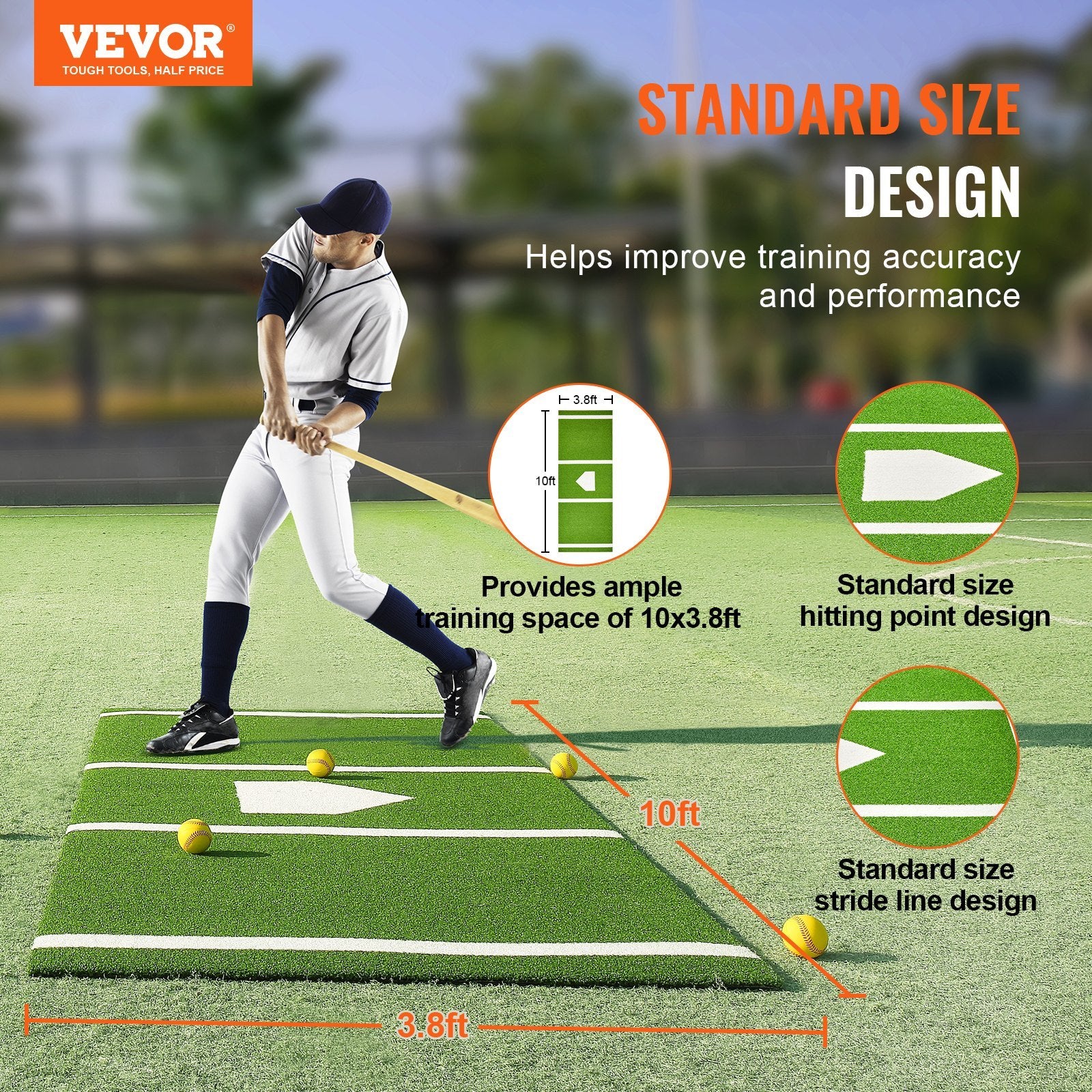 VEVOR Baseball Softball Hitting Batting Mat, Indoor Outdoor Softball Mat, Lined & Foam Backing Anti-Slip Anti-Fade Softball Training Aid, Portable Practice Mat With Tightening Rope, Green - Outdoor Chilling