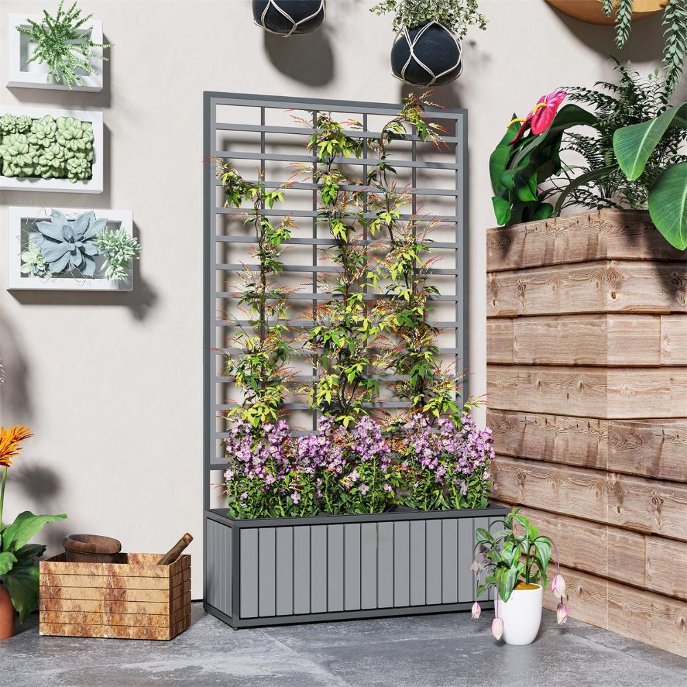 Wooden Raised Garden Bed With Trellis, Removable Pots-Gray - Outdoor Chilling