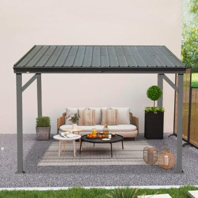 8x10 Lean To Gazebo With Upgraded Drainage System, Wall Mounted Gazebo Hardtop Galvanized Steel Sloping Roof For Patio Deck Lawn Party Gray - Outdoor Chilling