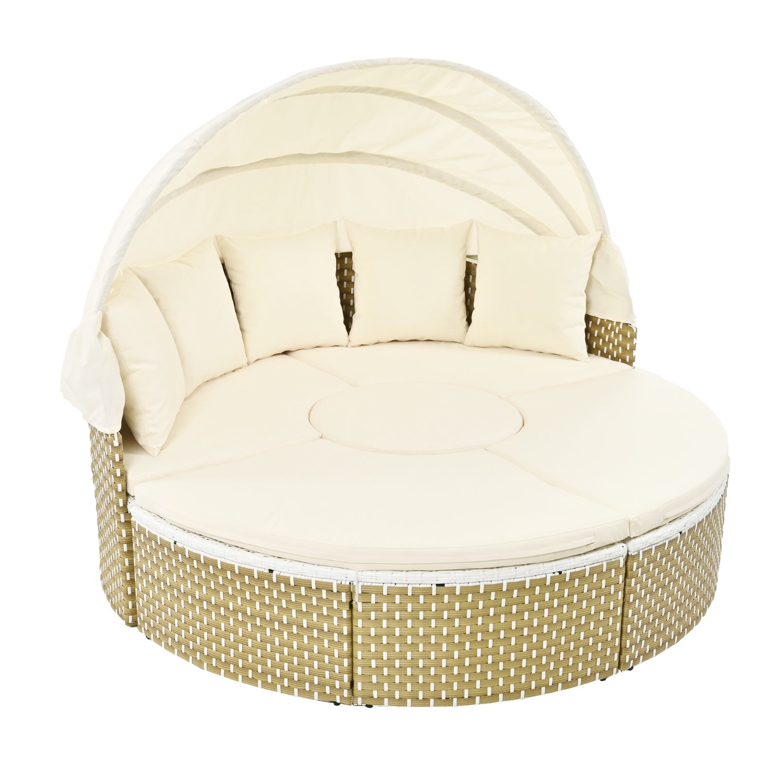 TOPMAX Patio Furniture Round Outdoor Sectional Sofa Set Rattan Daybed Two-Tone Weave Sunbed With Ret - Outdoor Chilling