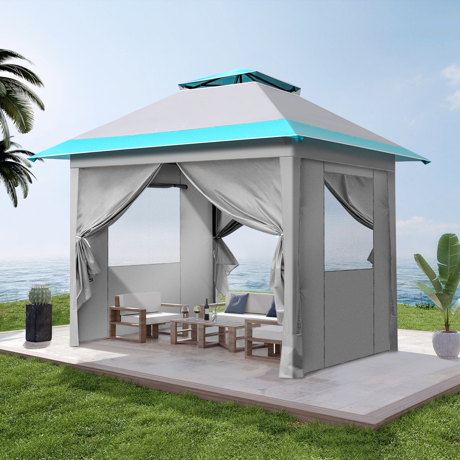 3x3m Light Blue White One Click Open Right Angle Belt With 4 Sides Of Surrounding Cloth, Double Roof Overhanging Eaves, 4 Corners With Sandbags, Folding Shed - Outdoor Chilling