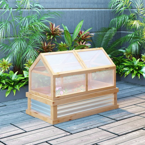 Outsunny Raised Garden Bed With Polycarbonate Greenhouse, Wooden Garden Cold Frame Greenhouse, Flower Planter Protection, 48 X 24 X 32, Natural - Outdoor Chilling