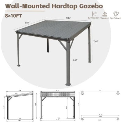 8x10 Lean To Gazebo With Upgraded Drainage System, Wall Mounted Gazebo Hardtop Galvanized Steel Sloping Roof For Patio Deck Lawn Party Gray - Outdoor Chilling