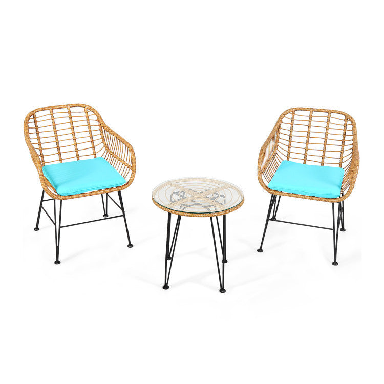 3 Pieces Rattan Furniture Set With Cushioned Chair Table - Outdoor Chilling