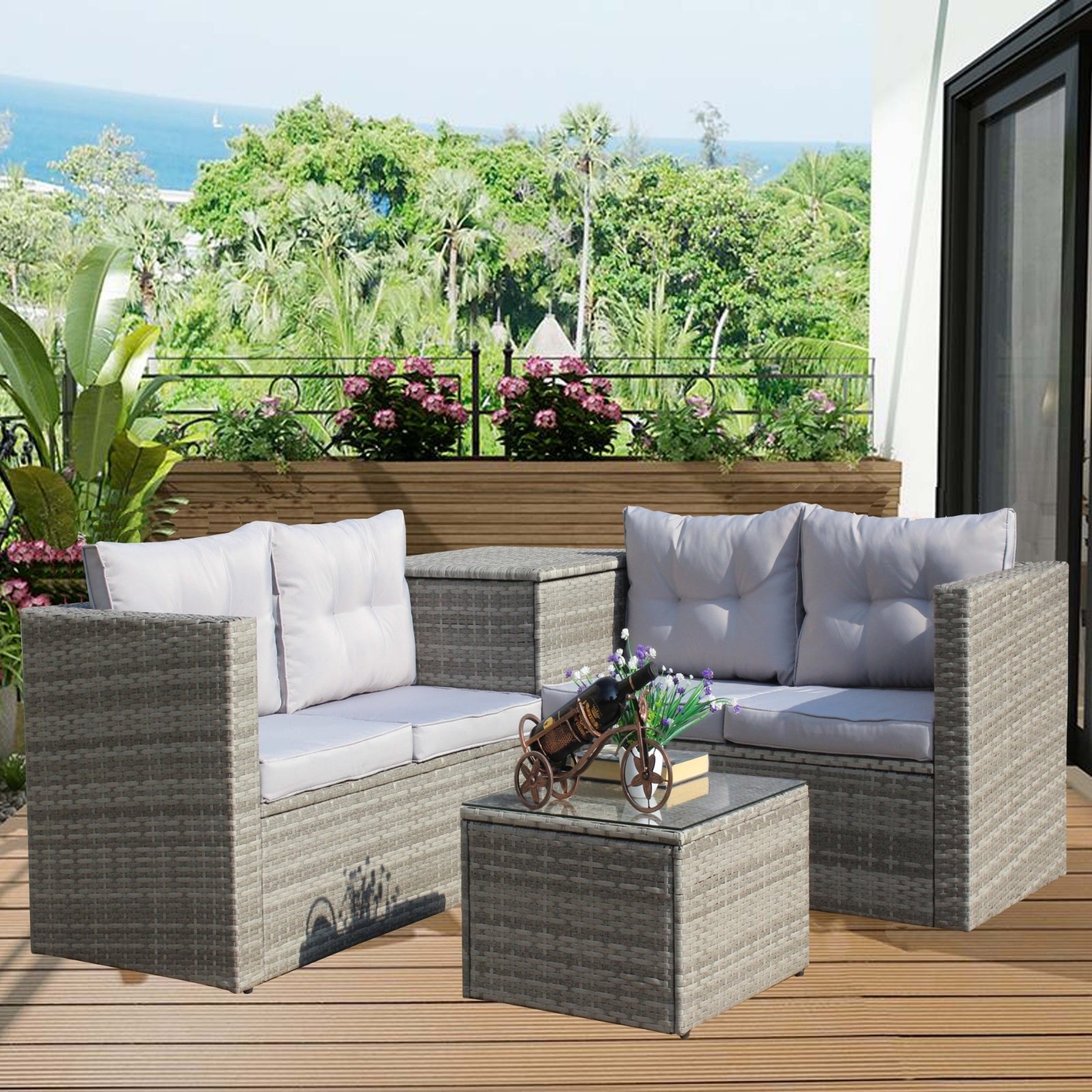 4Pc Patio Sectional Wicker Rattan Sofa Set W/Storage Box Grey - Outdoor Chilling