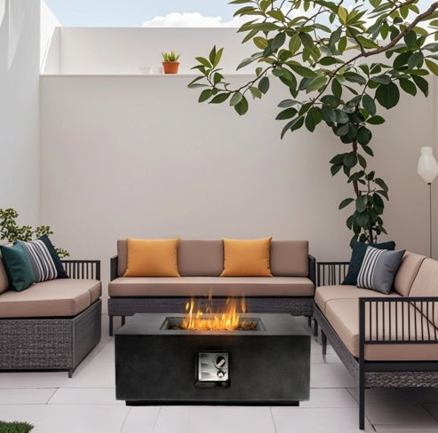 Outdoor Propane Fire Pit Table,Square Stone 35-inch Planter Base, 50,000 BTU Stainless Steel Burner, Free Lava Rocks And Waterproof Cover - Outdoor Chilling