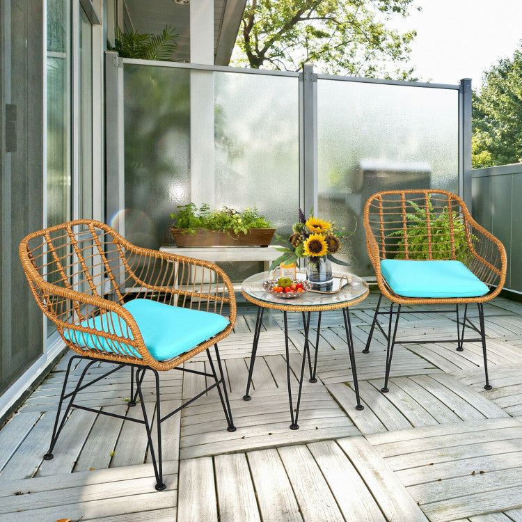3 Pieces Rattan Furniture Set With Cushioned Chair Table - Outdoor Chilling