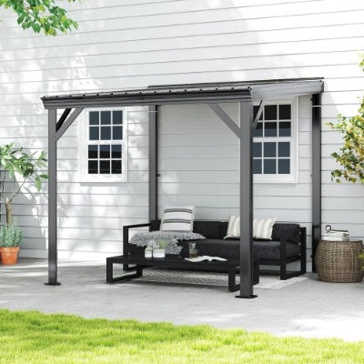8x 8 Lean To Gazebo With Upgraded Drainage System, Wall Mounted Gazebo Hardtop Galvanized Steel Sloping Roof For Patio Deck Lawn Party Gray - Outdoor Chilling