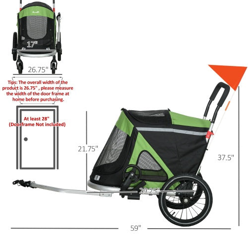 Aosom 2 In 1 Bike Trailer, Foldable Dog Bike Stroller With Aluminum Frame, Quick Release Wheels, Safety Leash, Anti-Slip Mat, Hitch Coupler, Reflectors, Flag For Medium Dogs, Green - Outdoor Chilling