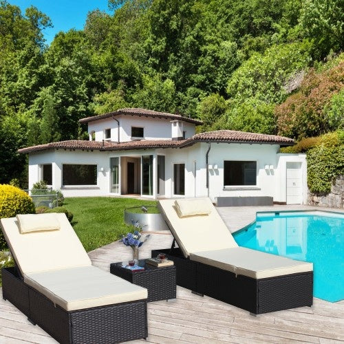 3-Piece Outdoor Patio Furniture Set Chaise Lounge, Patio Reclining Rattan Lounge Chair Chaise Couch Cushioned With Glass Coffee Table, Adjustable Back And Feet, Lounger Chair For Pool Garden, Beige - Outdoor Chilling