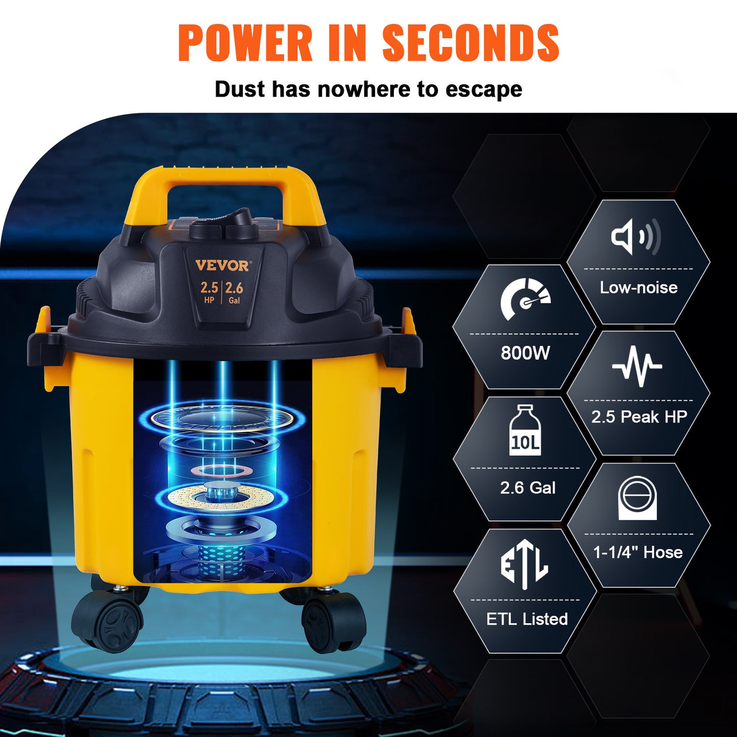 VEVOR Wet Dry Vac, 2.6 Gallon, 2.5 Peak HP, 3 In 1 Shop Vacuum With Blowing Function, Portable With Attachments To Clean Floor, Upholstery, Gap, Car, ETL Listed, Yellow - Outdoor Chilling